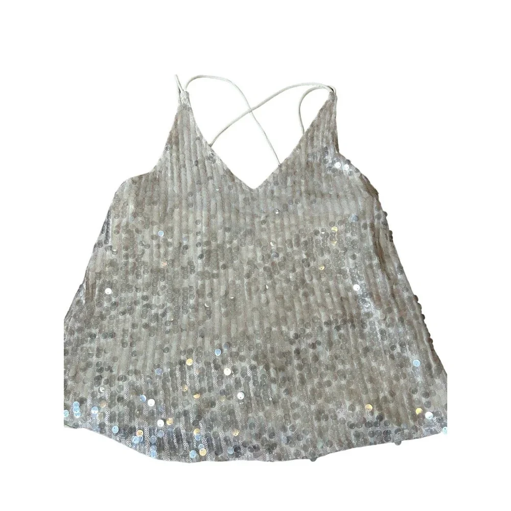 On Two Fifth sparkly sequined top strappy cream/gold shimmer  SZ M sleeveless - Picture 9 of 10